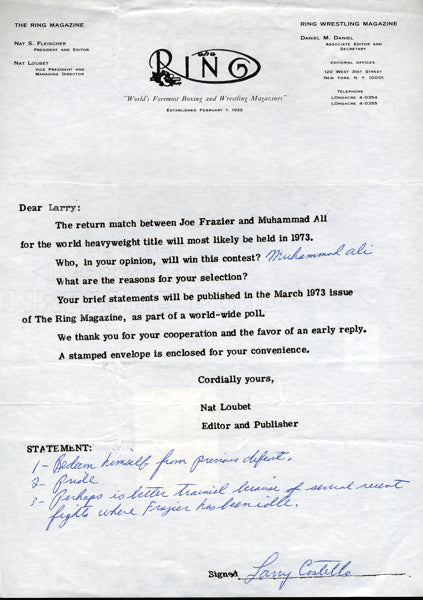 COSTELLO, LARRY SIGNED LETTER (PREDICTING ALI-FRAZIER II FIGHT)