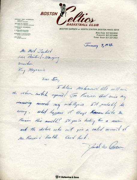 COWENS, DAVE SIGNED LETTER PREDICTING ALI-FRAZIER II FIGHT (1974)