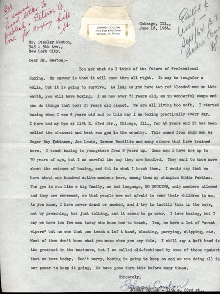 COULON, JOHNNY SIGNED LETTER (TO STANLEY WESTON OF THE RING)