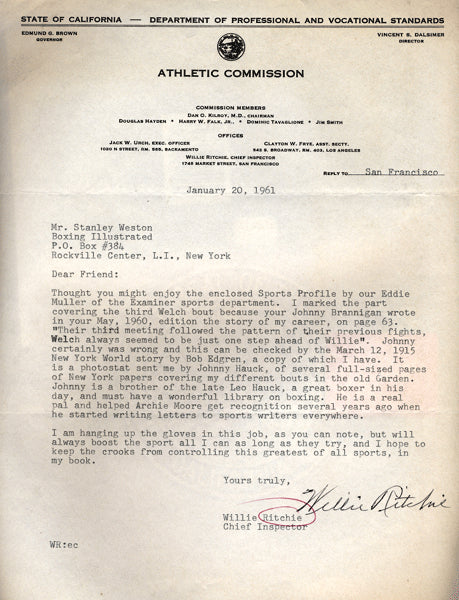 Senator Ritchie Letter RITCHIE, WILLIE SIGNED LETTER (1961) – JO Sports Inc.