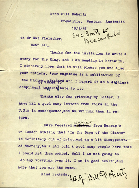 DOHERTY, BILL HAND WRITTEN & SIGNED LETTER TO NAT FLEISCHER (1936)