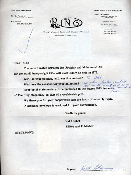 SHARMAN, BILL SIGNED LETTER PREDICTING ALI-FRAZIER II FIGHT (1974)