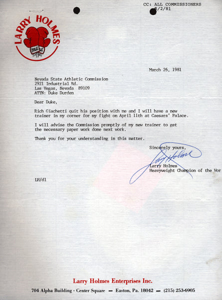 HOLMES, LARRY SIGNED LETTER TO NEVADA STATE ATHLETIC COMMISSION (1981)