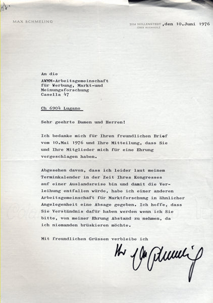 SCHMELING, MAX SIGNED LETTER (1976)