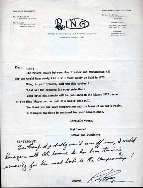 BARRY, RICK SIGNED LETTER PREDICTING ALI-FRAZIER II FIGHT (1974)