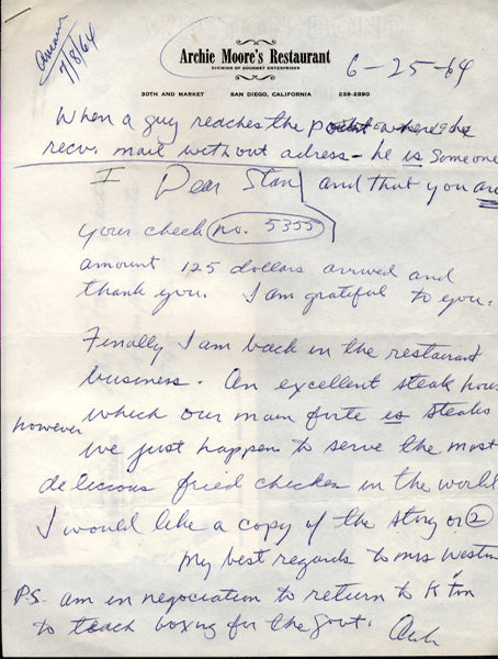 MOORE, ARCHIE HAND WRITTEN & SIGNED LETTER