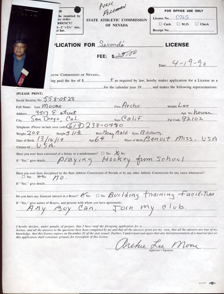 MOORE, ARCHIE SIGNED SECOND'S LICENSE APPLICATION (1990)