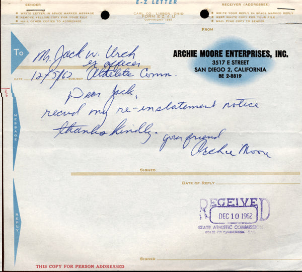 MOORE, ARCHIE VINTAGE SIGNED NOTE (1962)