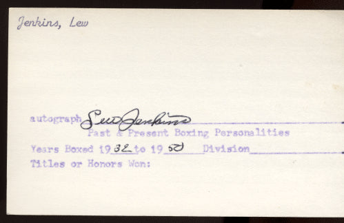 JENKINS, LEW SIGNED INDEX CARD