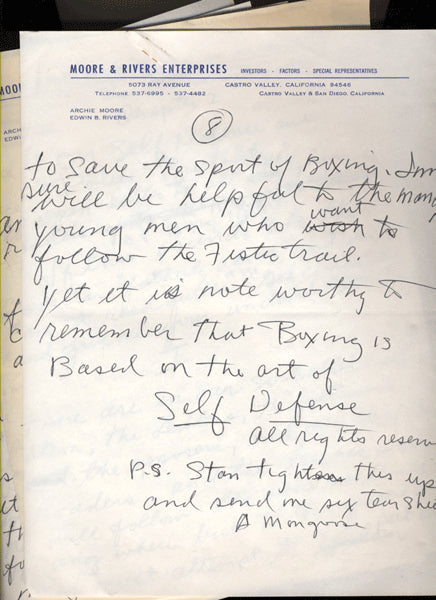 MOORE, ARCHIE 8 PAGE HAND WRITTEN BOXING ARTICLE
