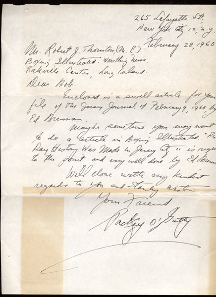 O'GATTY, PACKEY HAND WRITTEN LETTER