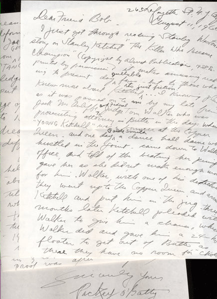 O'GATTY, PACKEY HAND WRITTEN LETTER (KETCHEL CONTENT)