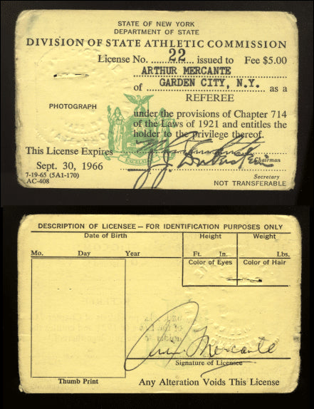 MERCANTE, ARTHUR SIGNED BOXING REFEREE LICENSE (1965-66)