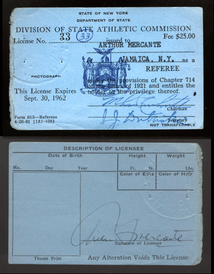 MERCANTE, ARTHUR SIGNED BOXING REFEREE LICENSE (1961-62)