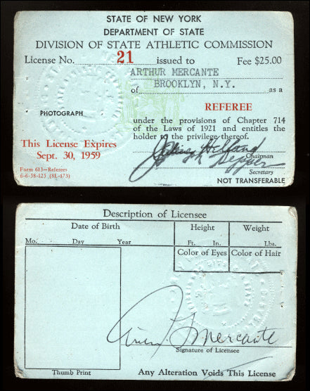 MERCANTE, ARTHUR SIGNED BOXING REFEREE LICENSE (1958-59)