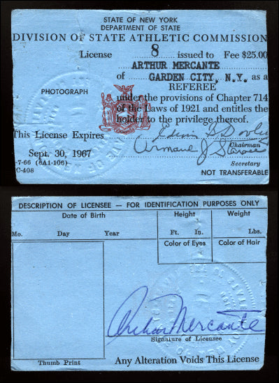 MERCANTE, ARTHUR SIGNED BOXING REFEREE LICENSE (1966-67)