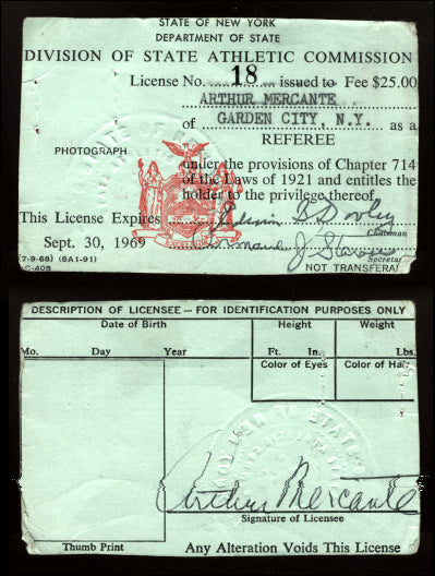 MERCANTE, ARTHUR REFEREE LICENSE (1967-1968-NY)