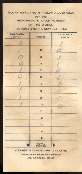 MARCIANO, ROCKY-ROLAND LASTARZA SOUVENIR SCORECARD (1953)