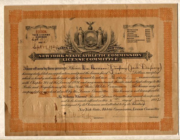 DEMPSEY, JACK NEW YORK BOXING LICENSE (1922-AS CHAMPION) – JO Sports Inc.