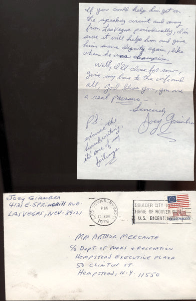 GIAMBRA, JOEY HAND WRITTEN LETTER TO ARTHUR MERCANTE (1970)