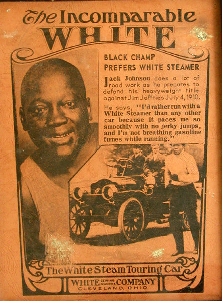 JOHNSON, JACK WHITE STEAMER CAR ADVERTISING POSTER (CIRCA 1910)