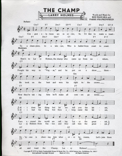 HOLMES, LARRY ORIGINAL SHEET MUSIC "THE CHAMP" (1979)