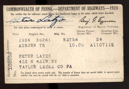 LATZO, PETE SIGNED DRIVERS LICENSE (1924)
