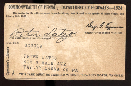 LATZO, PETE SIGNED DRIVERS LICENSE (1924)