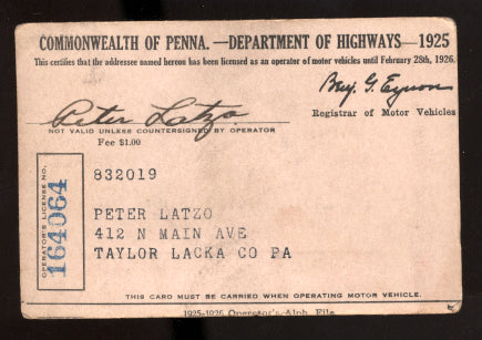 LATZO, PETE SIGNED DRIVERS LICENSE (1925)