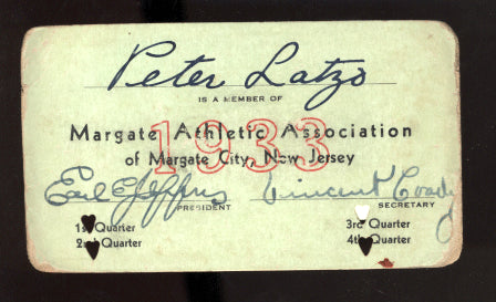 LATZO, PETE SIGNED NEW JERSEY ATHLETIC ASSOCIATION CARD