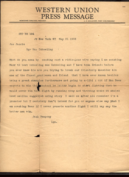 DEMPSEY, JACK LETTER TO MANAGER JOE JACOBS (1933-GREAT CONTENT)