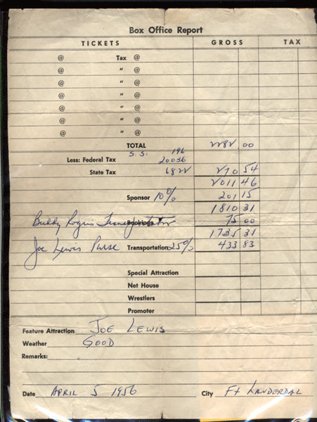 LOUIS, JOE-BUDDY RODGERS (WRESTLER) DISBURSEMENT SHEET (1956)