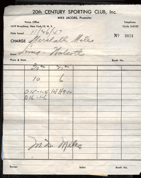 LOUIS, JOE DISBURSEMENT SHEET (1947- WALCOTT FIGHT-SIGNED BY MARSHALL MILES)