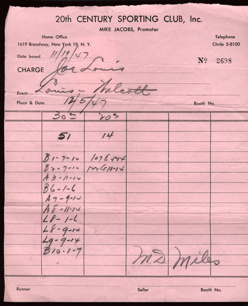 LOUIS, JOE DISBURSEMENT SHEET (1947- WALCOTT FIGHT-SIGNED BY MARSHALL MILES)