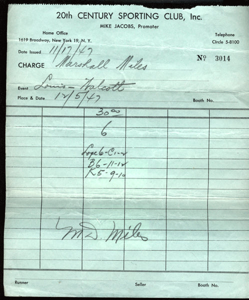 LOUIS, JOE DISBURSEMENT SHEET (1947- WALCOTT FIGHT-SIGNED)