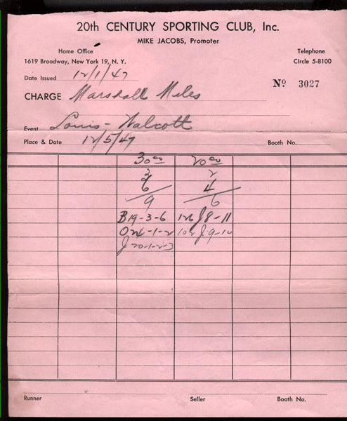 LOUIS, JOE DISBURSEMENT SHEET (1947- WALCOTT FIGHT-SIGNED)