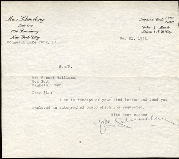 SCHMELING, MAX VINTAGE SIGNED LETTER (1931)