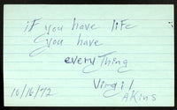 AKINS, VIRGIL SIGNED INDEX CARD