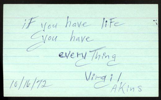 AKINS, VIRGIL SIGNED INDEX CARD