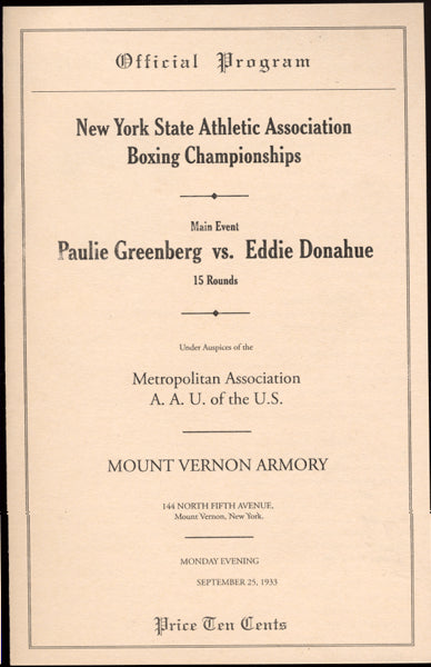 Greenberg,Paulie Official Program Against Donahue 1933