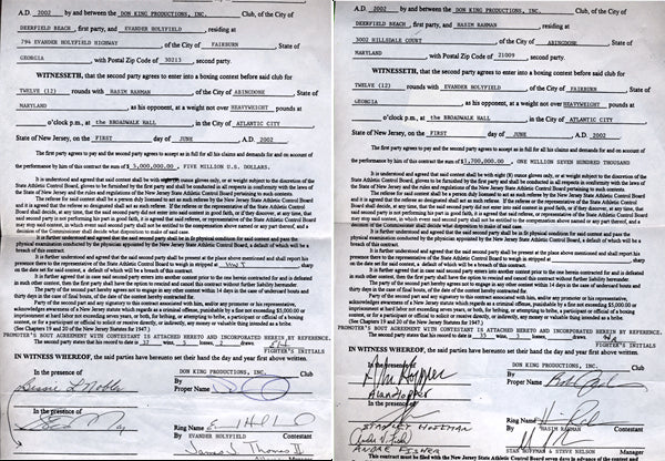 HOLYFIELD, EVANDER & HASIM RAHMAN SIGNED FIGHT CONTRACTS (2002)