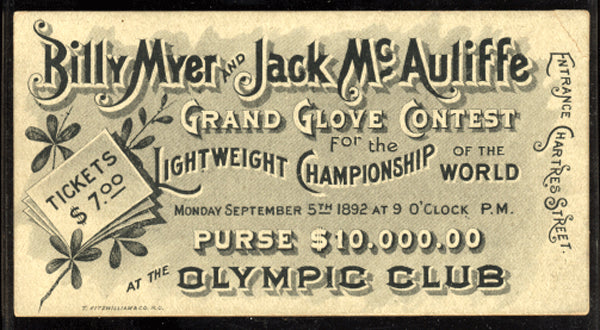 MCAULIFFE, JACK-BILLY MYER FULL TICKET (1892)
