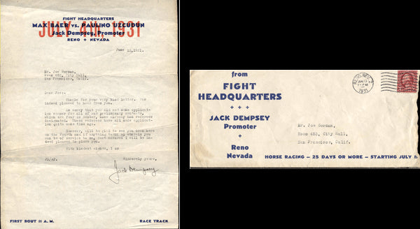 DEMPSEY, JACK HAND WRITTEN & SIGNED LETTER (1931-ON HIS STATIONARY)