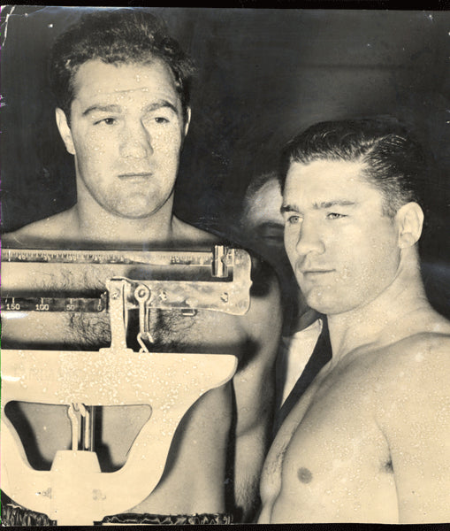 MARCIANO, ROCKY-DON COCKELL WIRE PHOTO (1955-WEIGH IN)