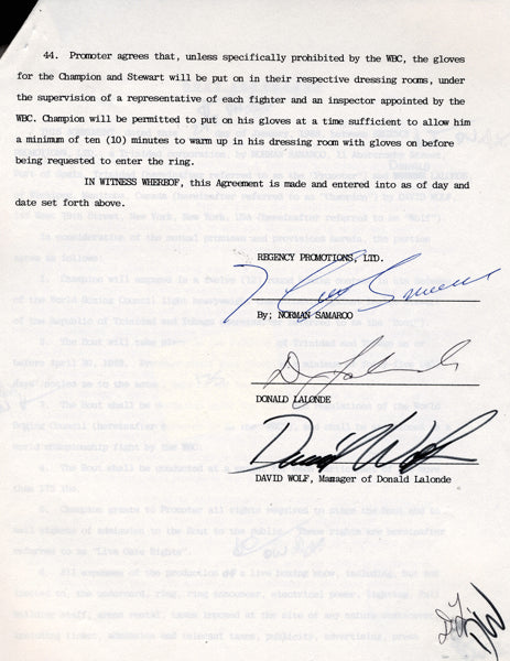 LaLonde,Donny Signed Contract  1988 to Fight Stewart