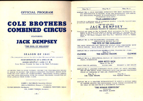 DEMPSEY, JACK CIRCUS APPEARANCE PROGRAM (1941)