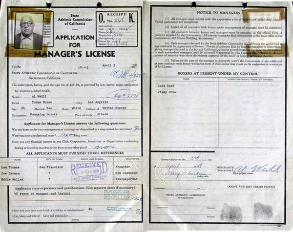 WEILL, AL SIGNED LICENSE APPLICATION (1958)