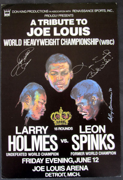 HOLMES, LARRY-LEON SPINKS SIGNED ON SITE POSTER (1981)