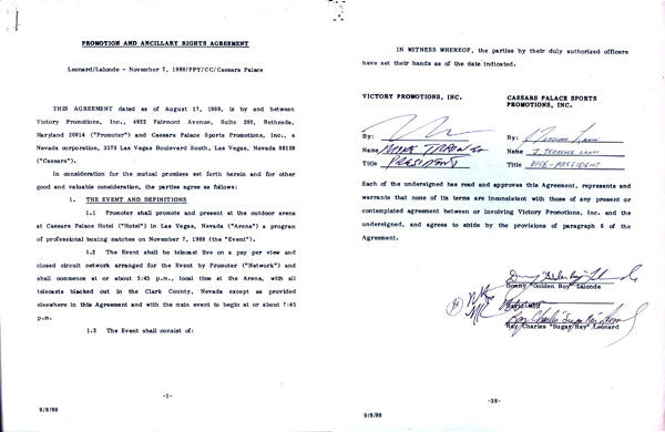 LEONARD, SUGAR RAY & DONNY LALONDE SIGNED PROMTIONAL AGREEMENT (1988)