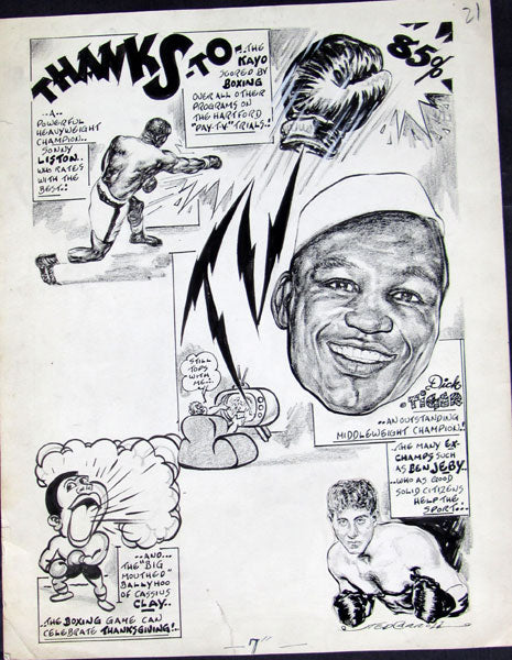 BOXING CARTOON ART BY TED CARROLL (LISTON, CLAY & TIGER-1963)